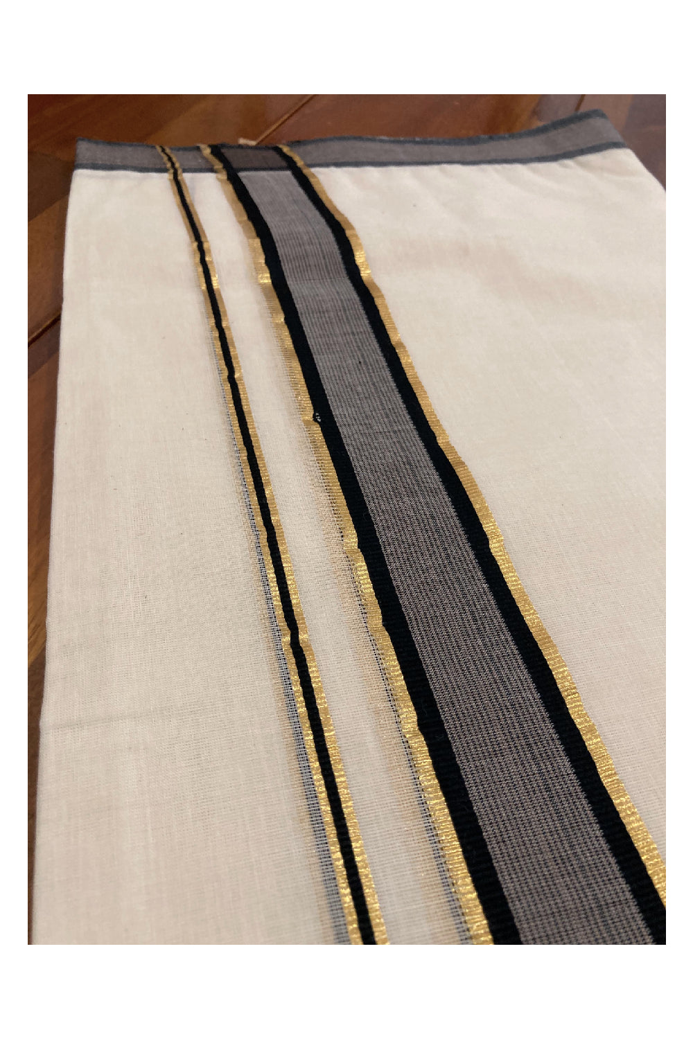 Off White Cotton Mundu with Black and Kasavu Border (South Indian Dhoti)