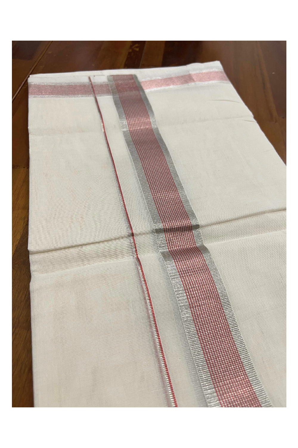 Southloom Kuthampully Pure Cotton Handloom Mundu with Silver and Red Kasavu Lines Border