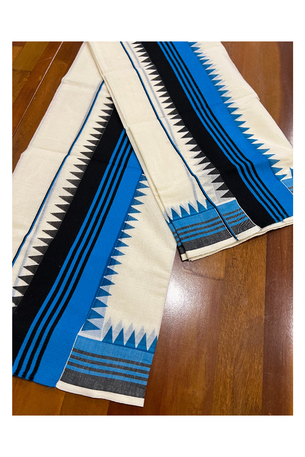 Pure Cotton Set Mundu (Mundum Neriyathum) with Blue and Black Temple Block Prints on Border