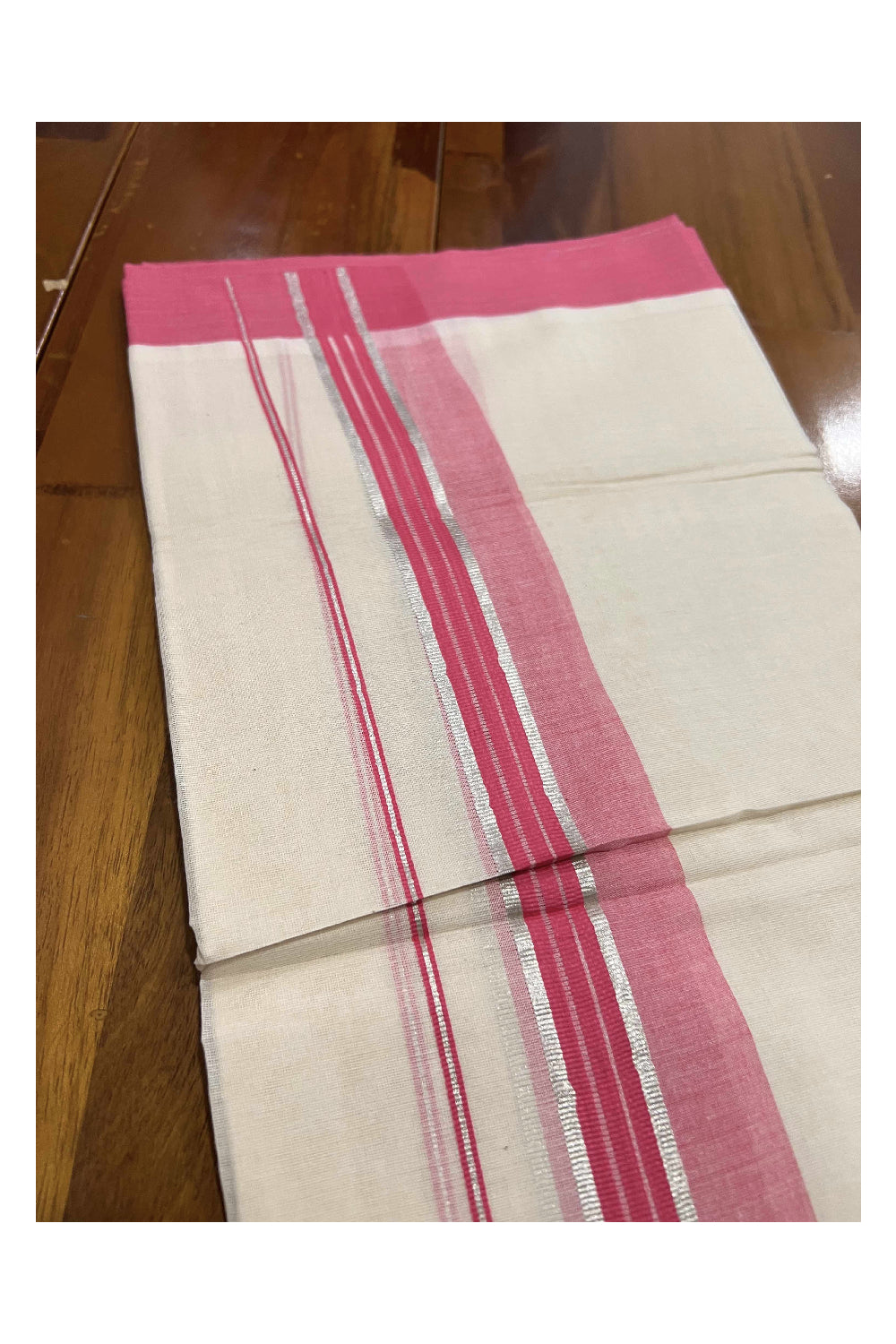 Off White Kerala Double Mundu with Silver Kasavu and Pink Border (South Indian Dhoti)