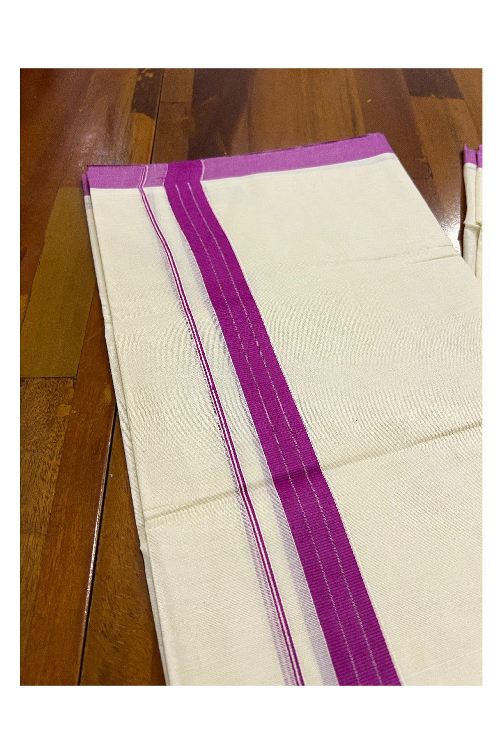 Pure Cotton Off White Double Mundu with Magenta Border (South Indian Kerala Dhoti)