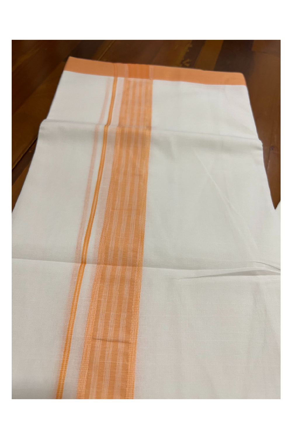 Pure White Kerala Cotton Double Mundu with Orange Border (South Indian Dhoti)