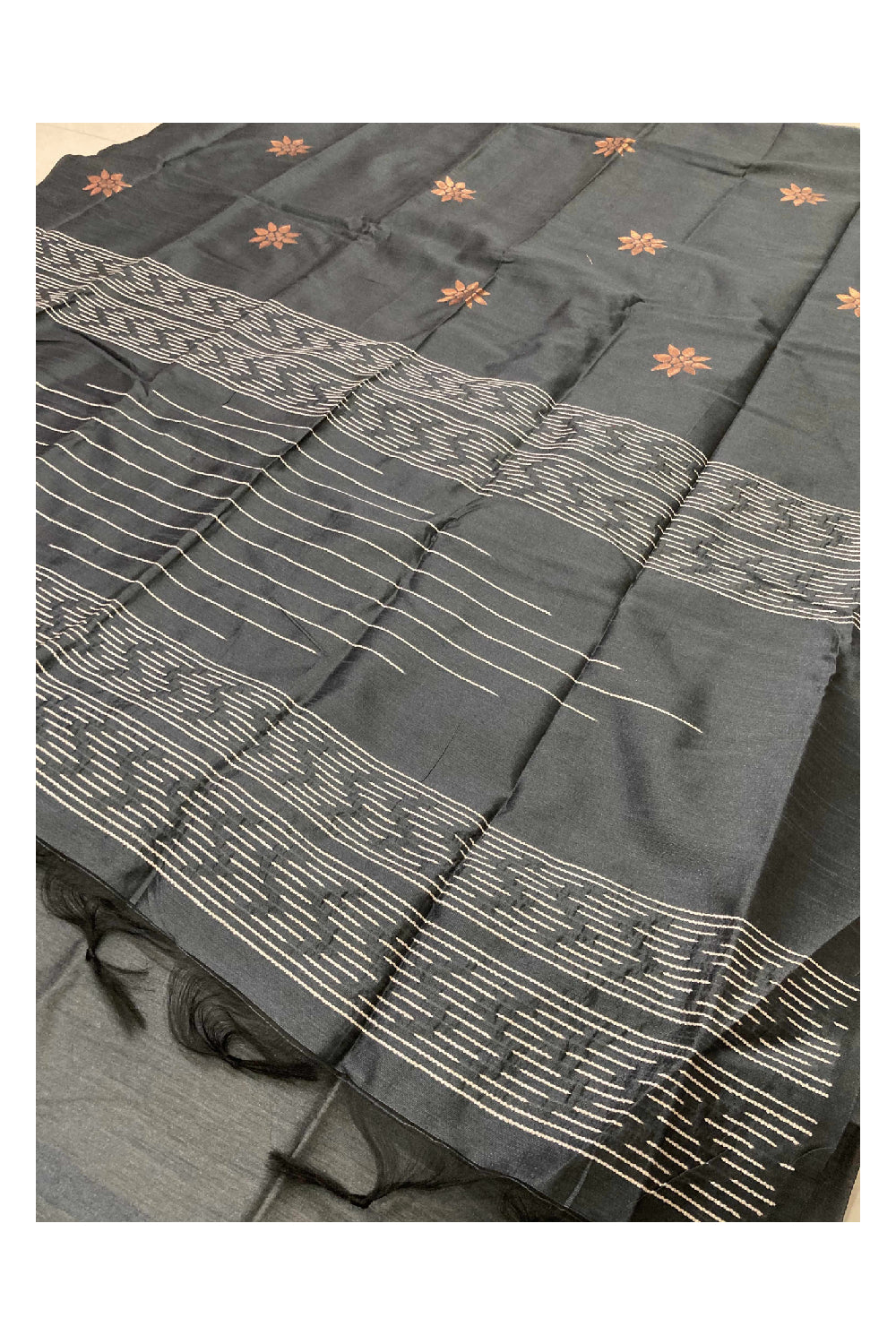 Southloom Dark Grey Semi Tussar Thread Work Designer Saree with Tassels