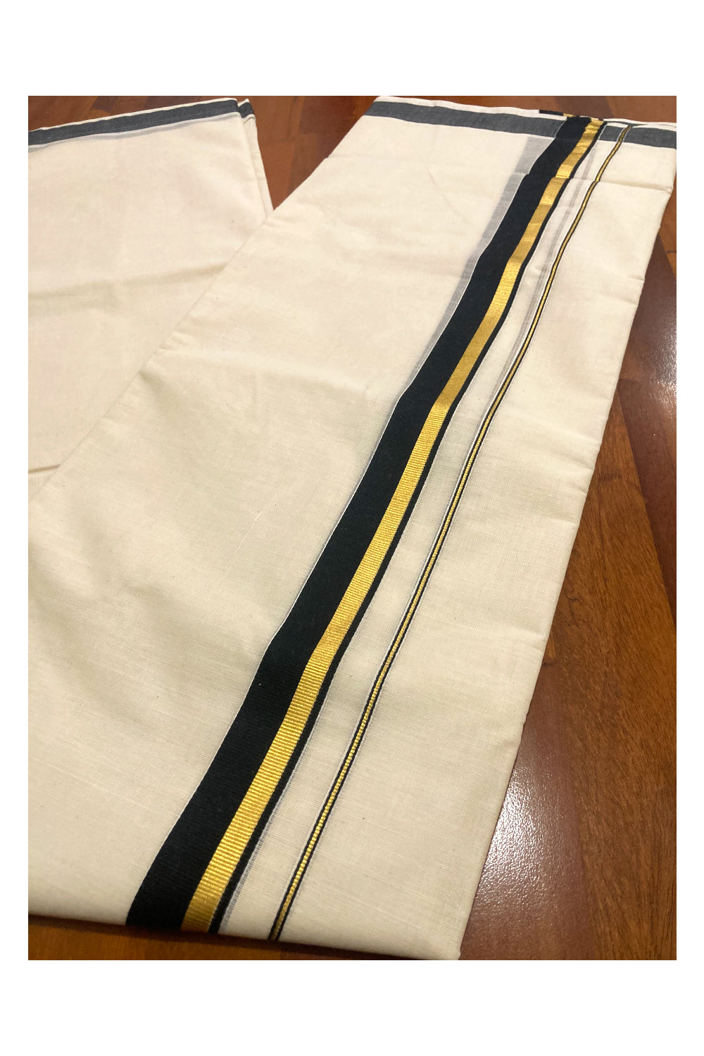 Pure Cotton Kerala Double Mundu with Kasavu and Black Border (South Indian Dhoti)