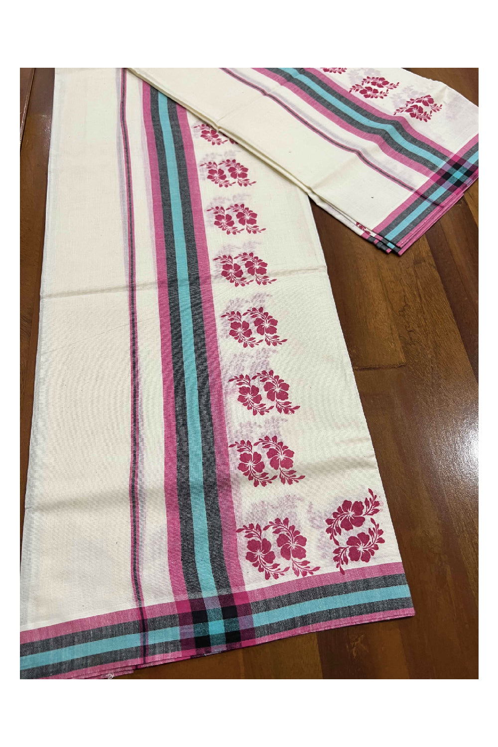 Kerala Cotton Mulloth Mundum Neriyathum Single (Set Mundu) with Pink Floral Block Print Border (Extra Soft Cotton)