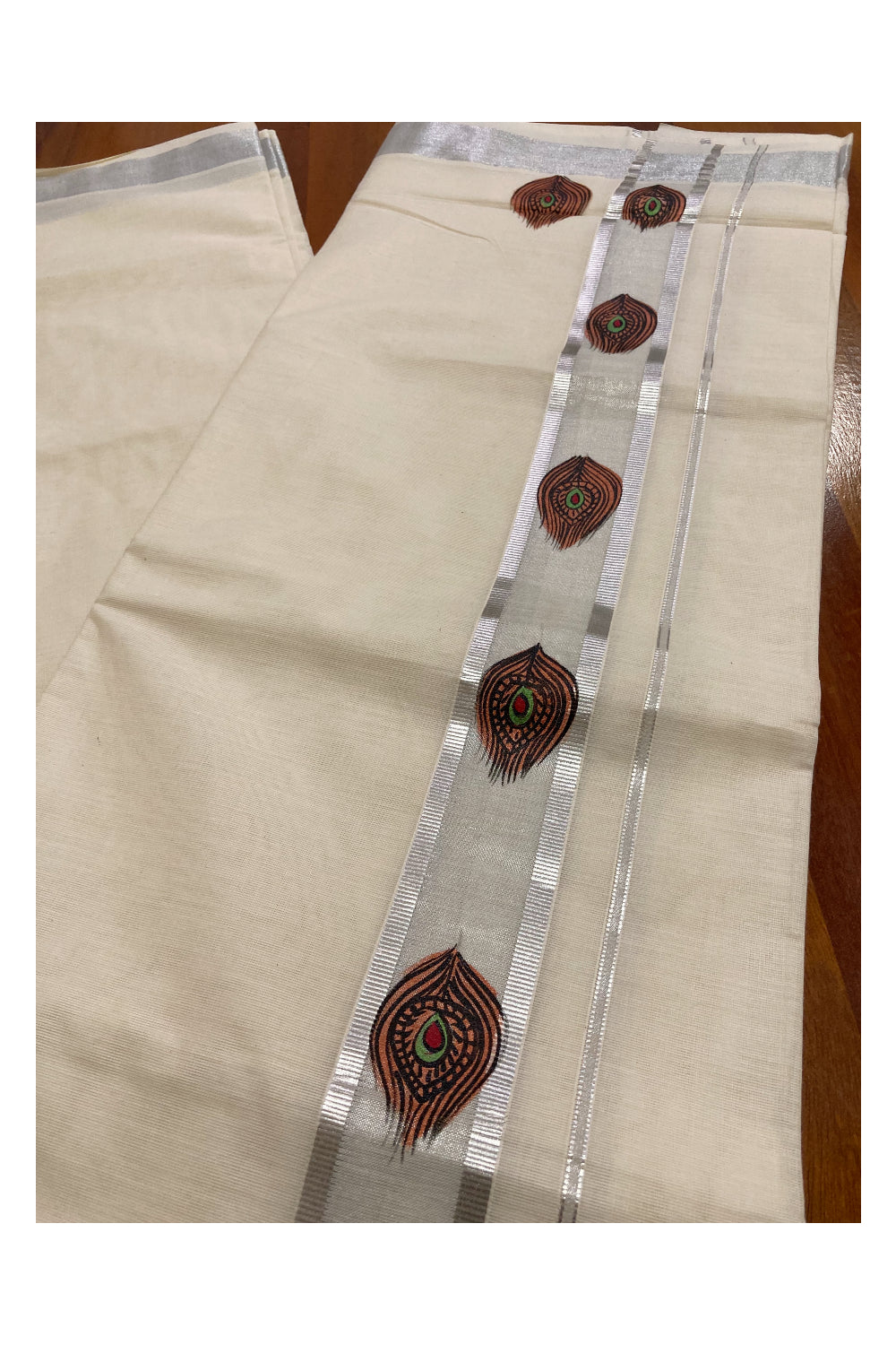 Pure Cotton Silver Kasavu Mundu with Mural Hand Painted Feather Design (South Indian Dhoti)