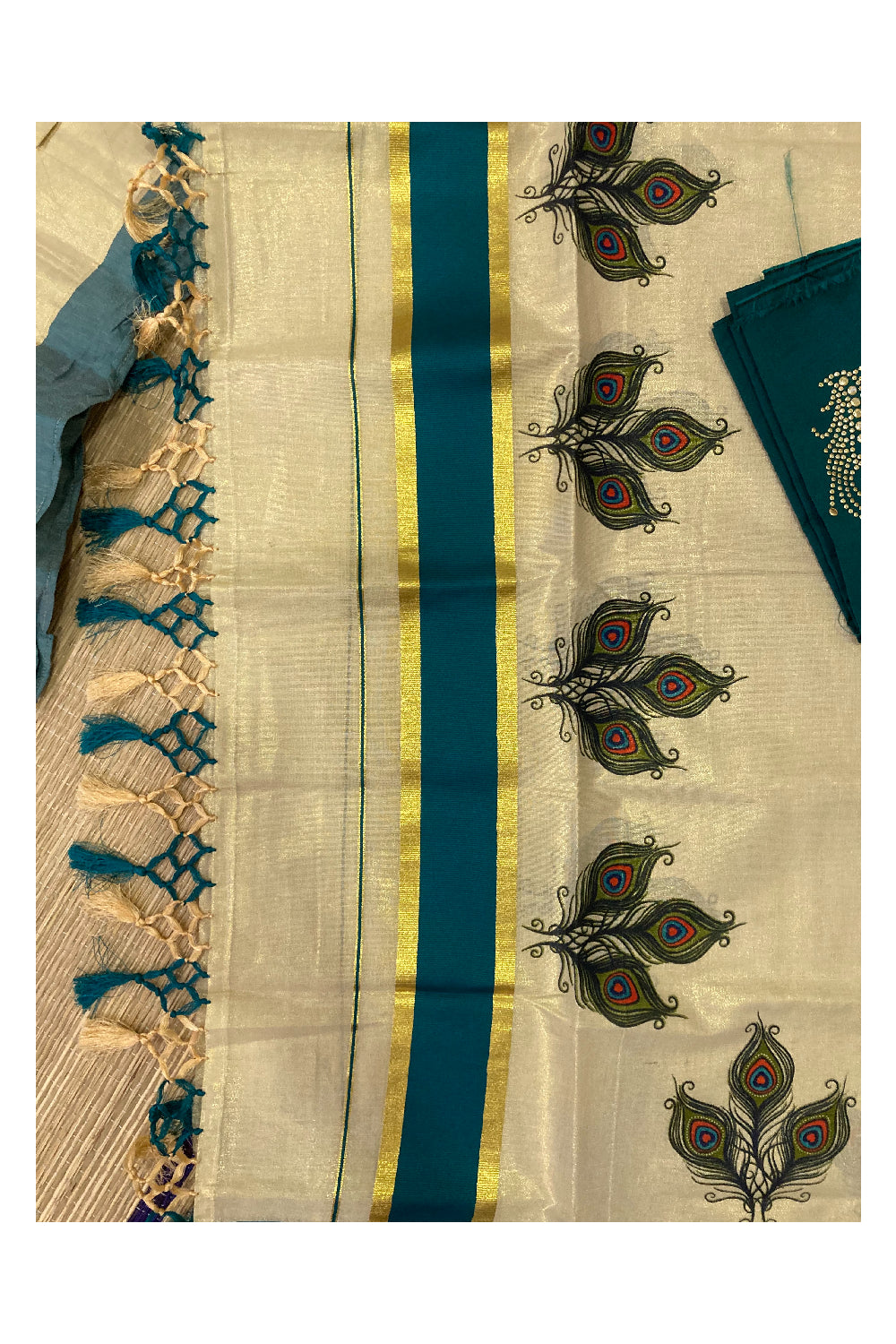 Kerala Tissue Stitched Dhavani Set with Blouse Piece and Neriyathu in with Dark Green Mural Work