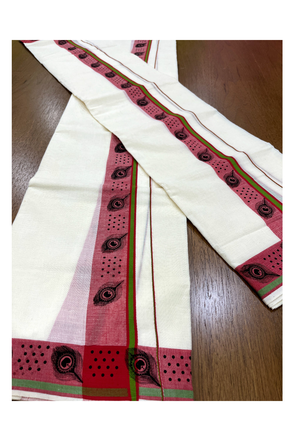 Kerala Cotton Set Mundu (Mundum Neriyathum) with Black Feather Block Prints on Red Border 2.80 Mtrs