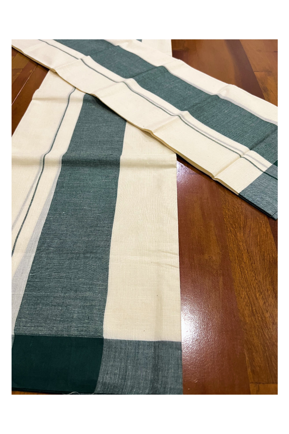 Kerala Cotton Mundum Neriyathum Single (Set Mundu) with Green Mulloth Border (Extra Soft Cotton)