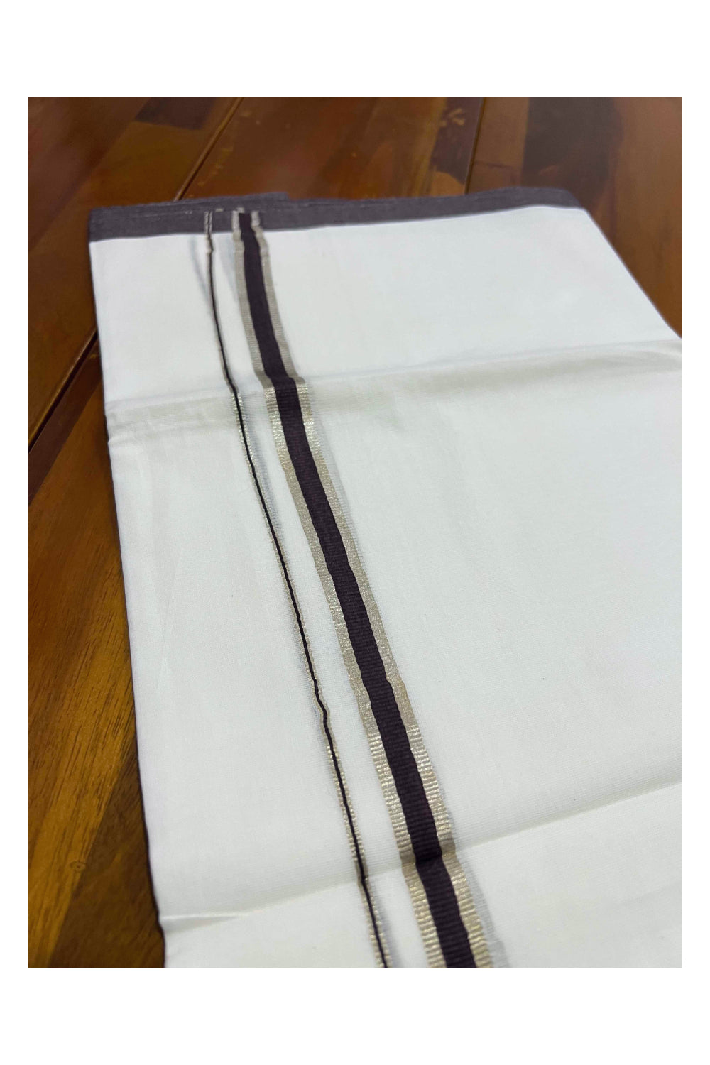 Pure White Cotton Mundu with Brown and Silver Kasavu Kara (South Indian Dhoti)