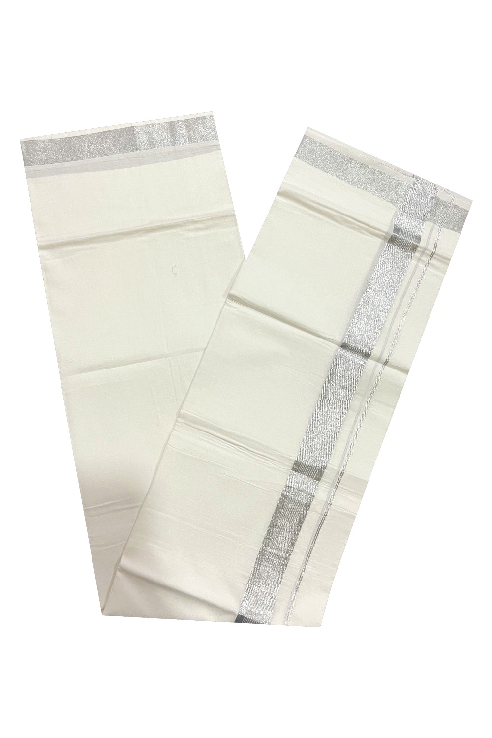 Pure White Cotton Double Mundu with Silver Kasavu Line Border (South Indian Dhoti)