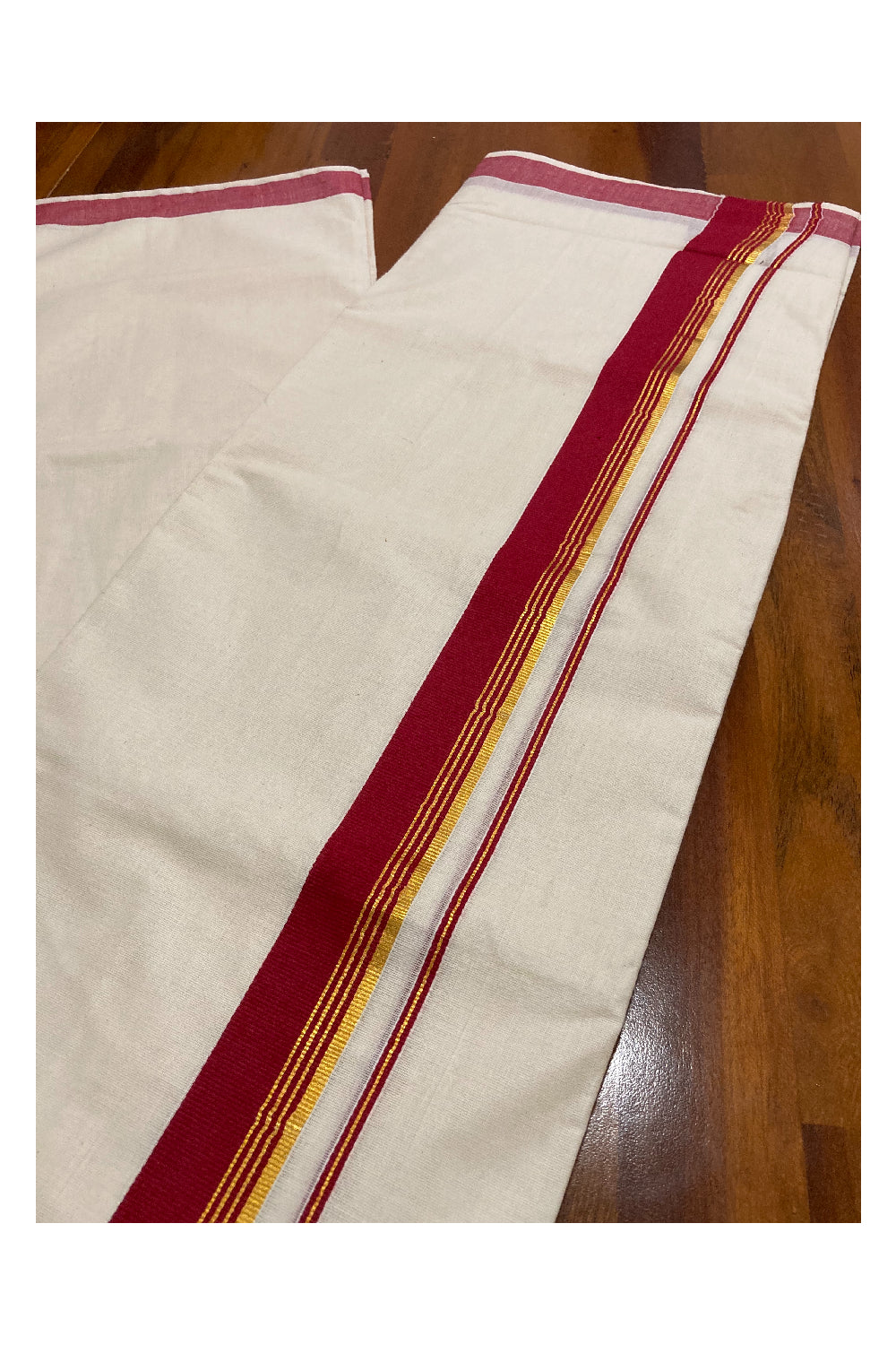 Pure Cotton Double Mundu with Maroon and Kasavu Border (South Indian Dhoti)