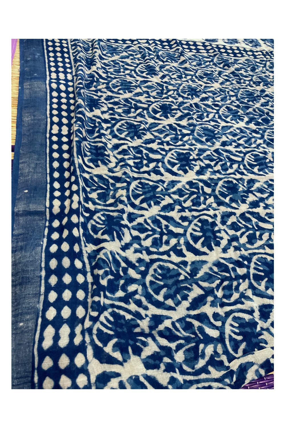Southloom Linen Indigo Blue Saree with White Designer Prints and Tassels on Pallu