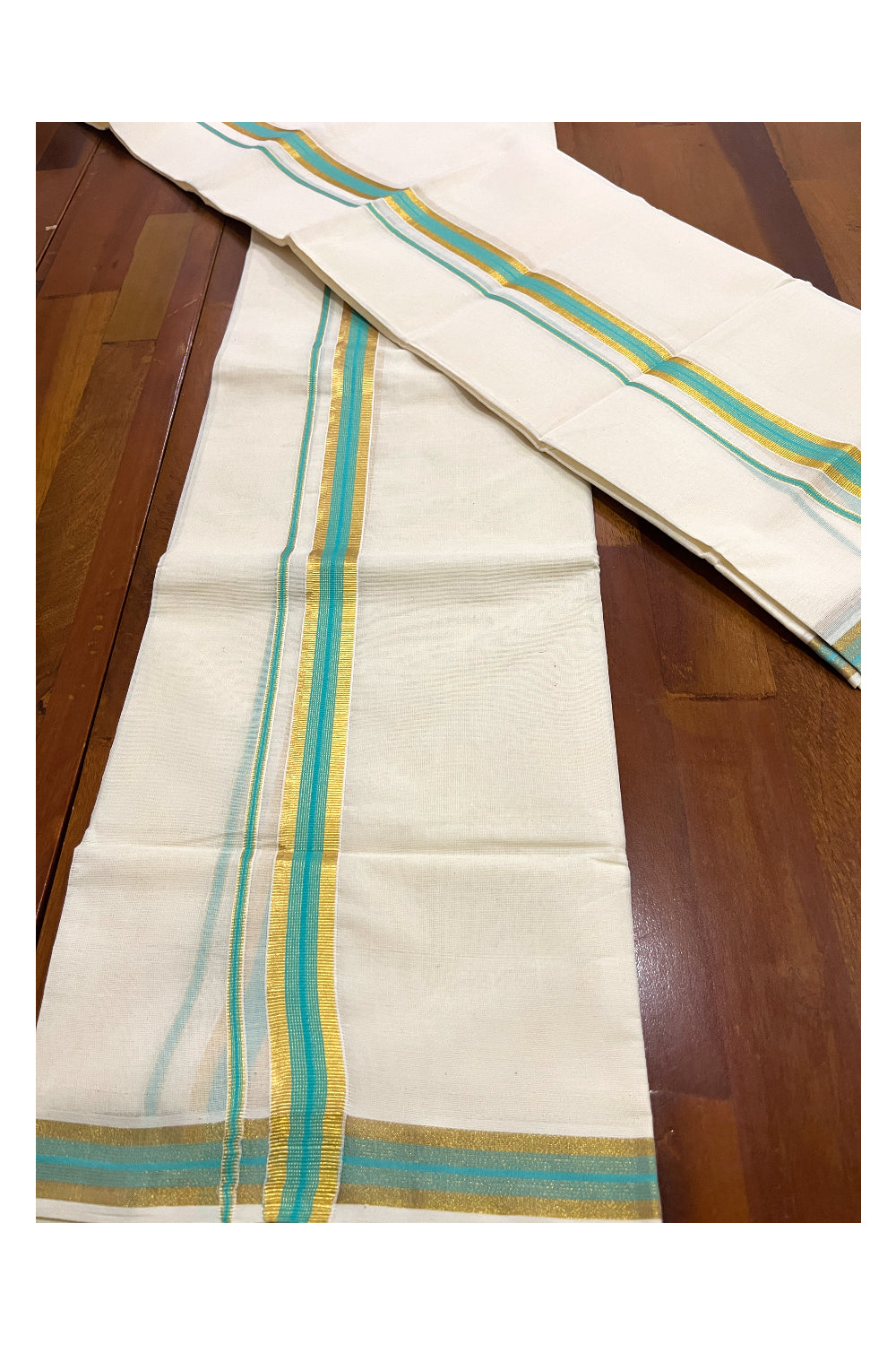 Kerala Cotton Mundum Neriyathum Single (Set Mundu Vishu 2023) with Kasavu and Turquoise Border 2.80 Mtrs