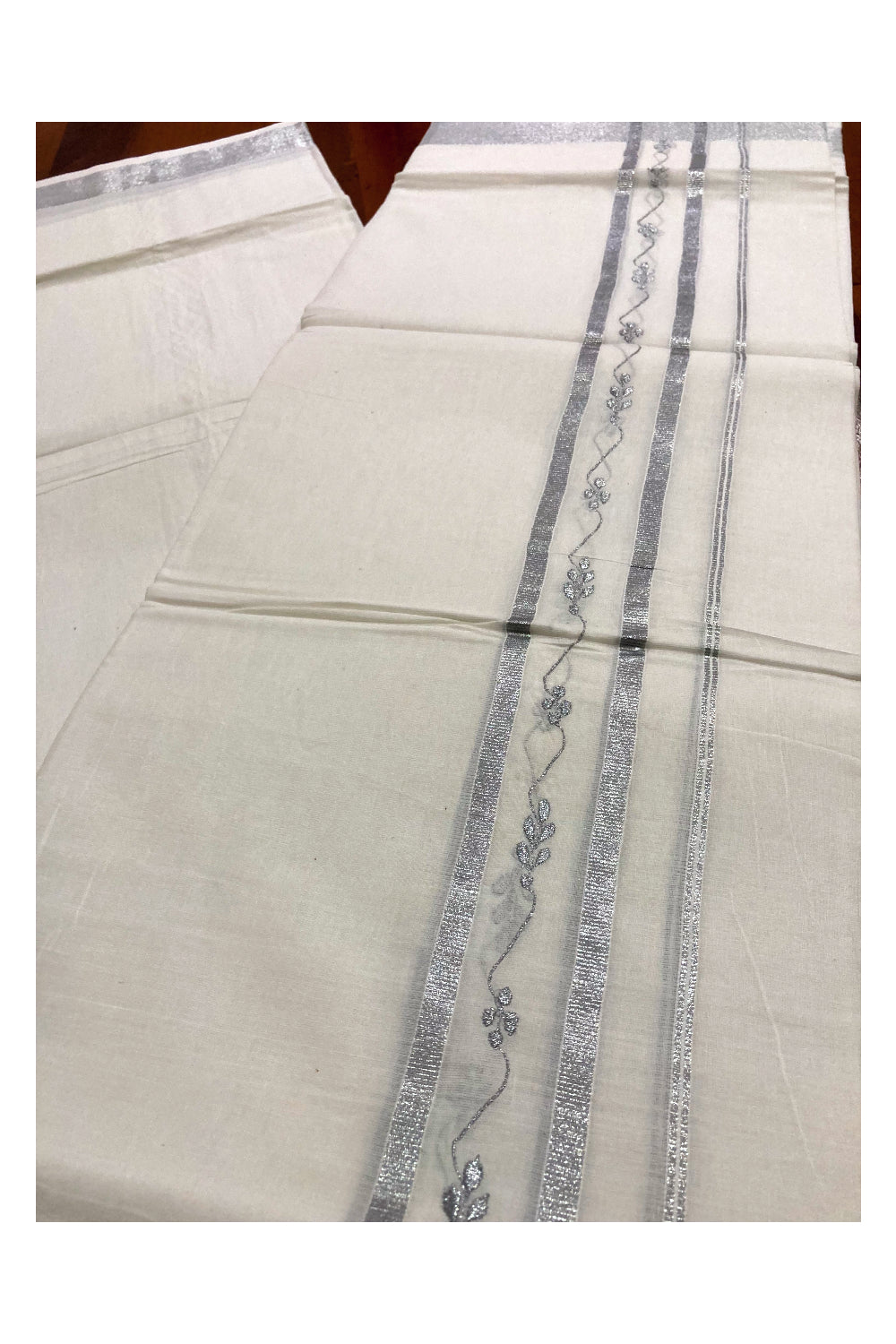 Pure White Cotton Double Mundu with Silver Kasavu Woven Border (South Indian Dhoti)