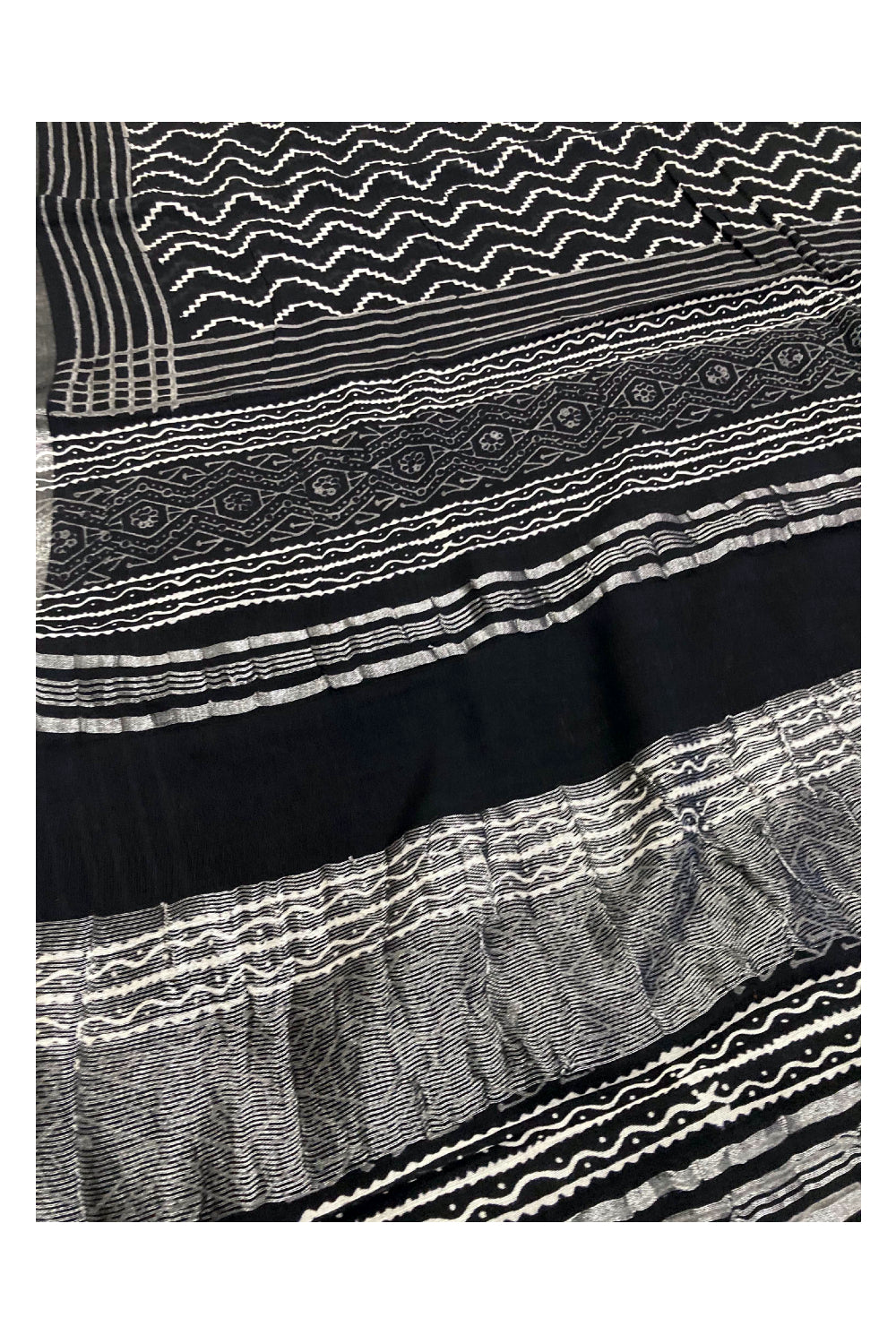 Southloom Linen Black Designer Saree with White Patterns and Tassels