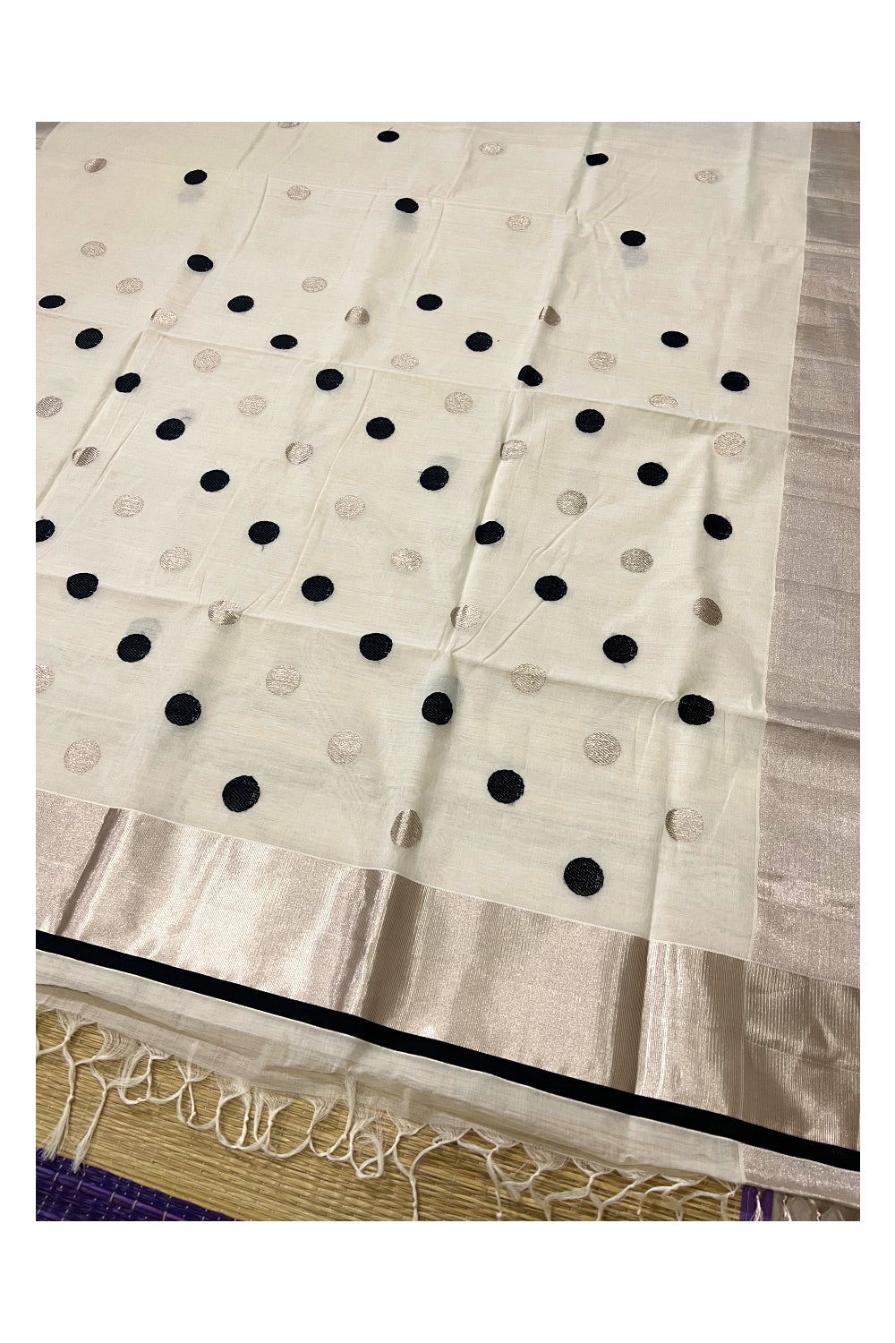 Southloom™ Premium Handloom Saree with Silver Kasavu and Black Polka Dots on Body