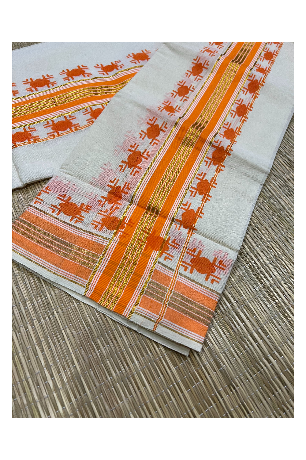 Kerala Cotton Kasavu Set Mundu (Mundum Neriyathum) with Orange Block Prints on Border