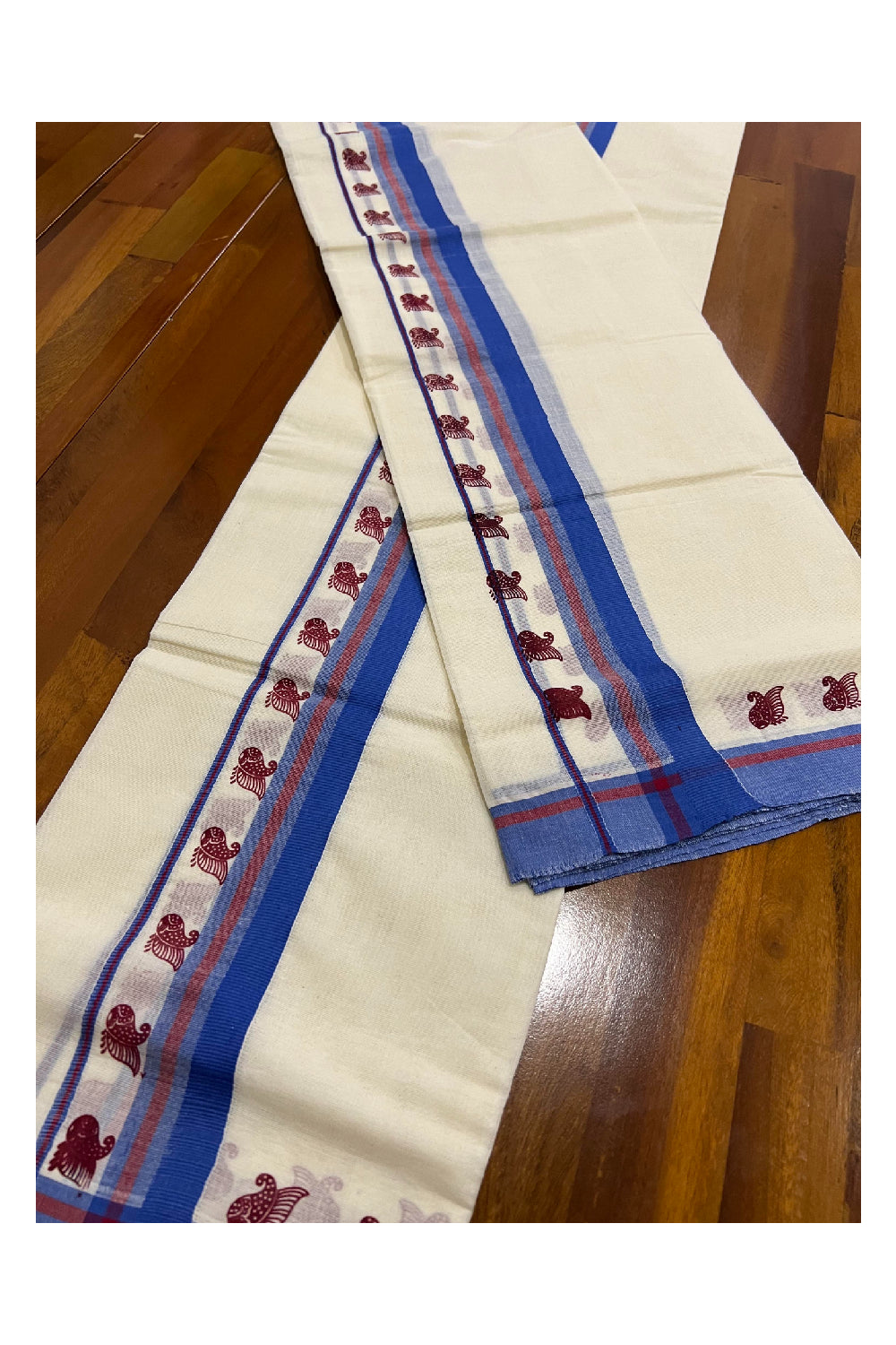 Kerala Cotton Single Mundum Neriyathum (Set Mundu) with Block Prints on Blue Border