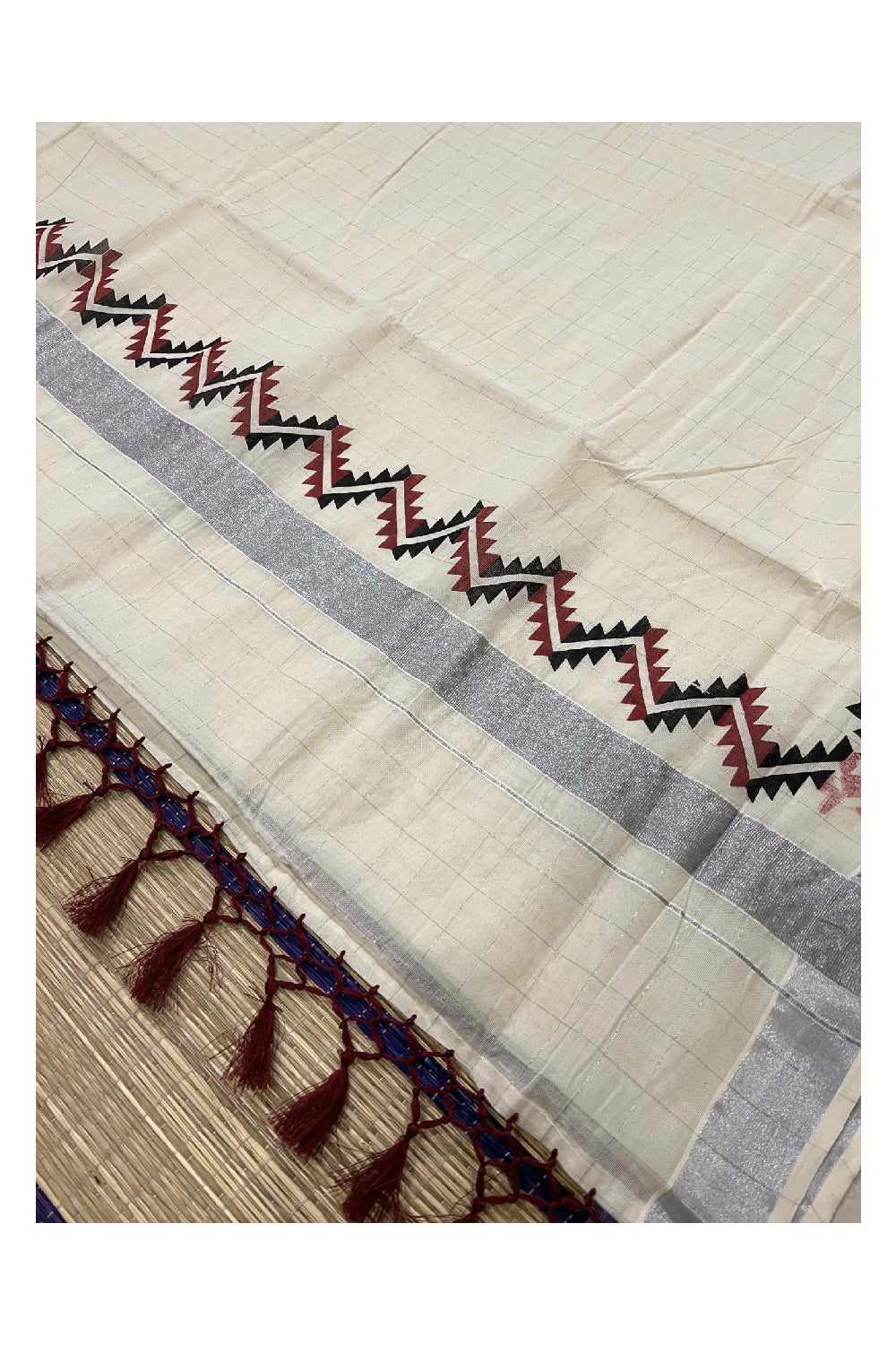 Kerala Silver Kasavu Woven Check Saree with Maroon and Black Block Printed Border