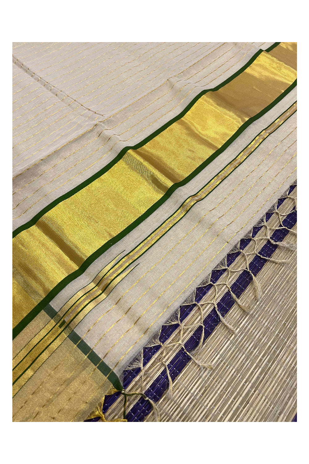 Southloom Premium Kuthampully Handloom Stripes Work Tissue Saree with Green Border