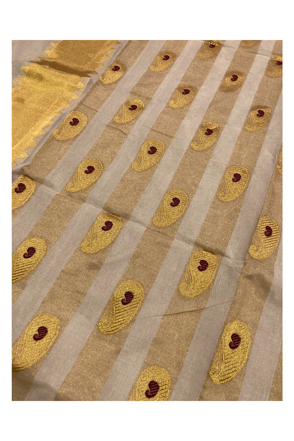 Southloom Balaramapuram Handloom Tissue Stripes Saree with Temple Design Woven Pallu