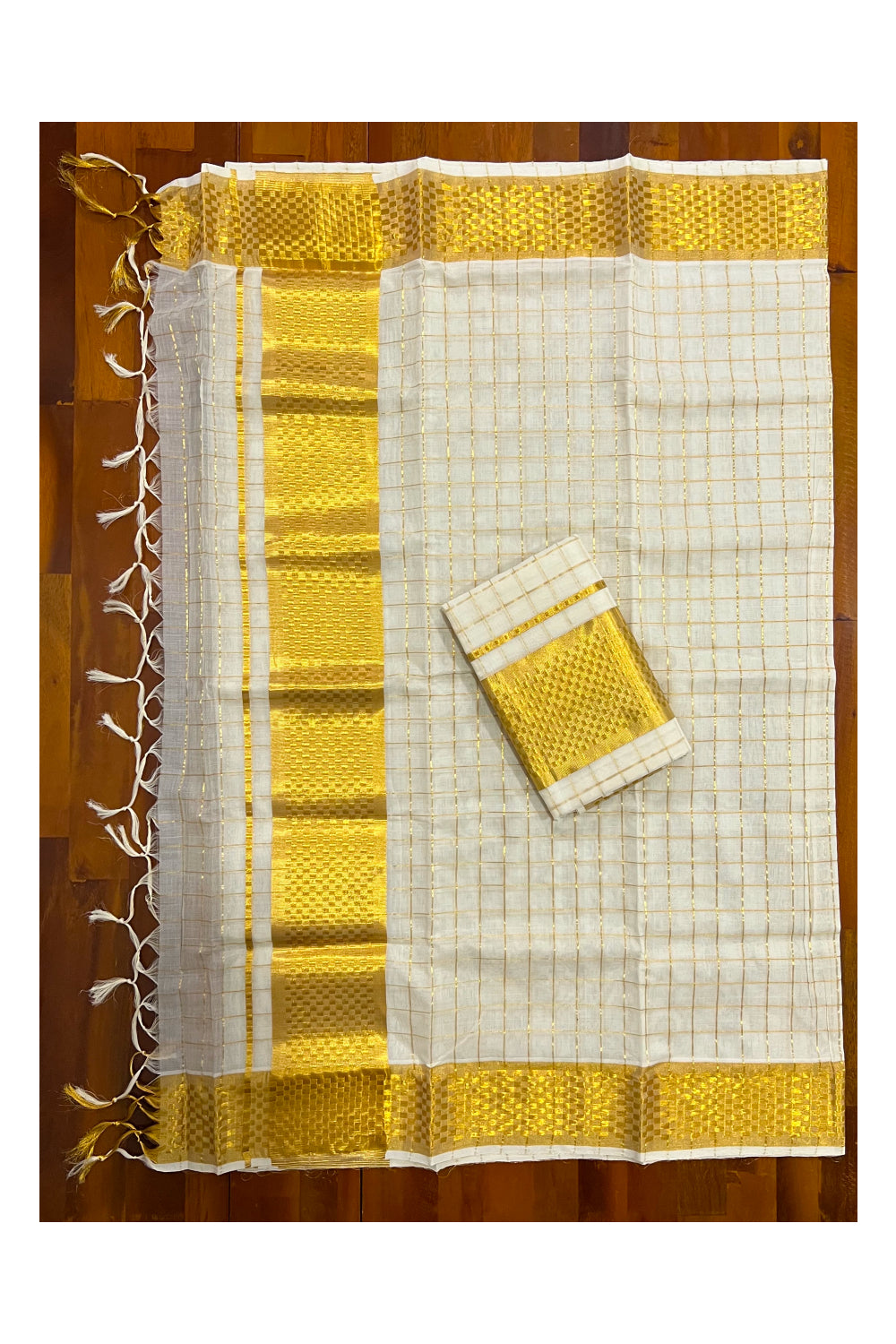 Southloom Handloom Premium Set Mundu with Woven Check Body and Paa Neythu Border 2.80 Mtrs