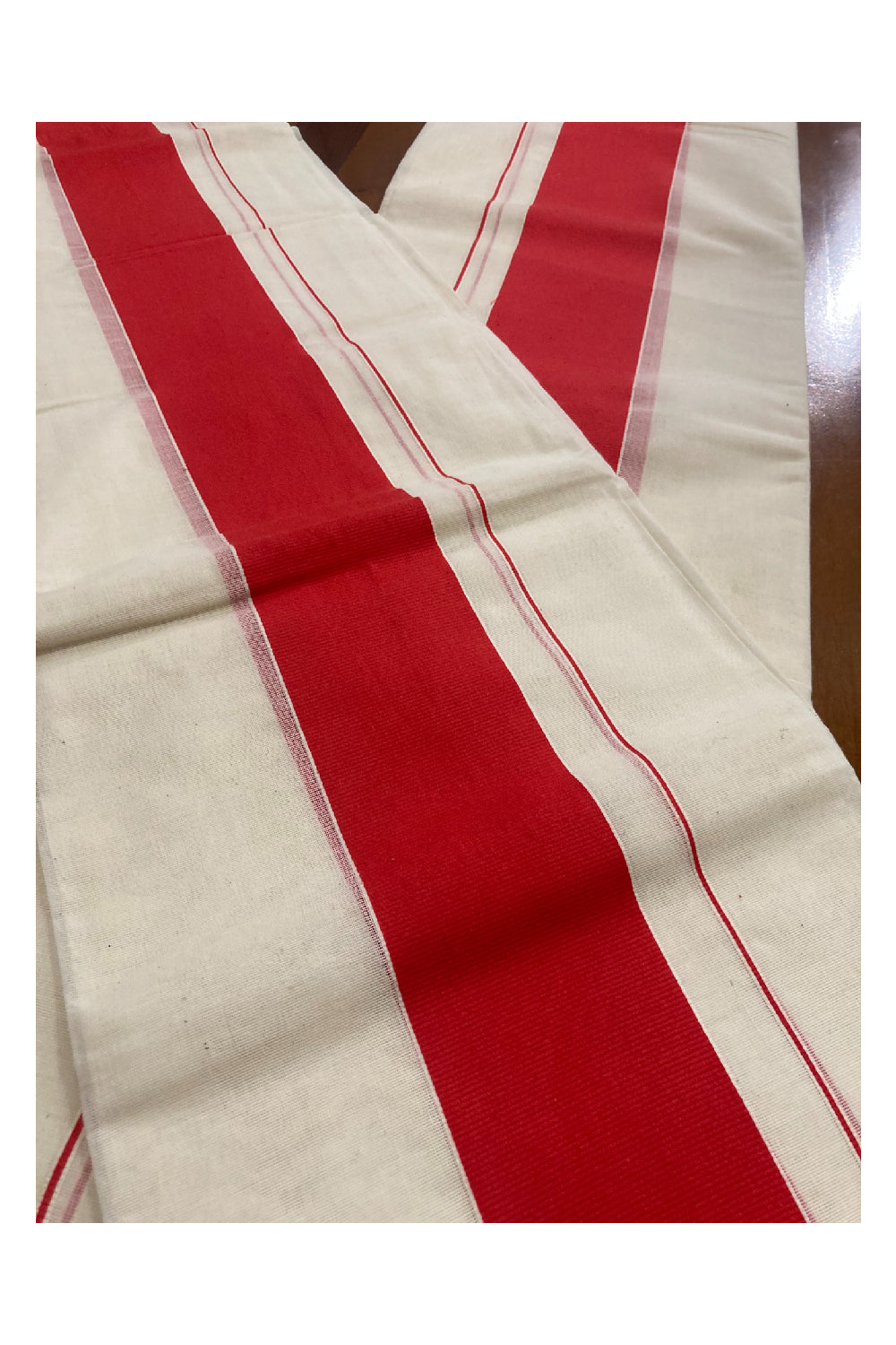 Kerala Cotton Mundum Neriyathum Single (Set Mundu) with Plain Red Border