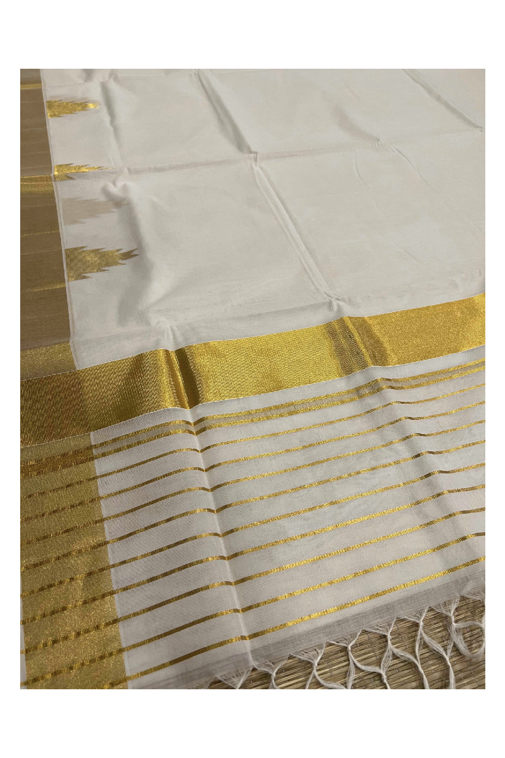 Southloom™ Original Handloom Cotton Temple Woven Border Kasavu Saree with Stripes Work on Pallu