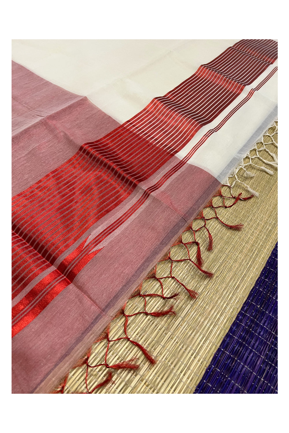 Southloom™ Premium Handloom Half & Half (Cotton / Tissue) Kerala Saree with Dark Red Kasavu Pallu
