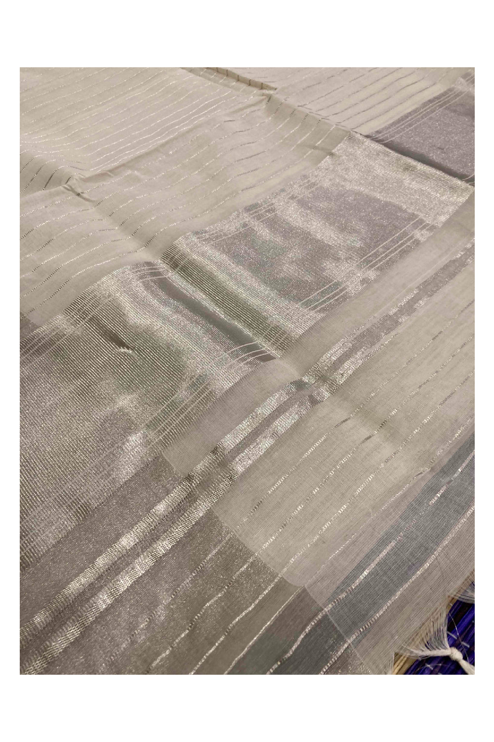 Southloom Kuthampully Handloom Cotton Saree with Silver Kasavu Stripes Body