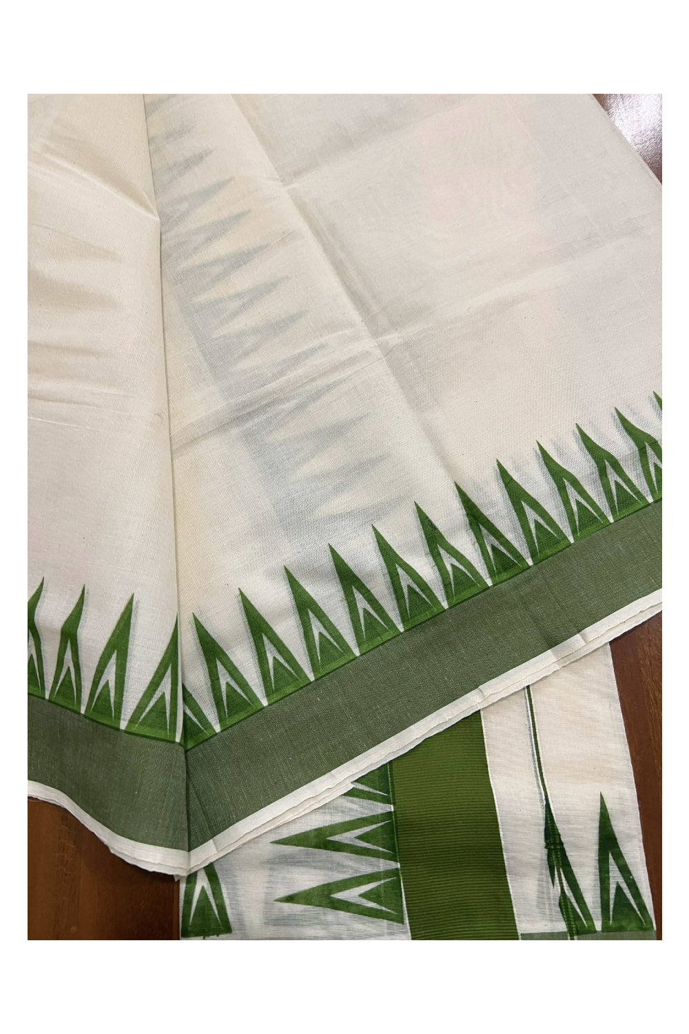 Kerala Cotton Mundum Neriyathum (Set Mundu) with Olive Green Temple Block Print Border