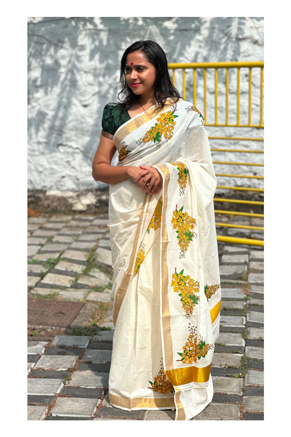 Southloom Cotton Floral Printed Design Kasavu Saree