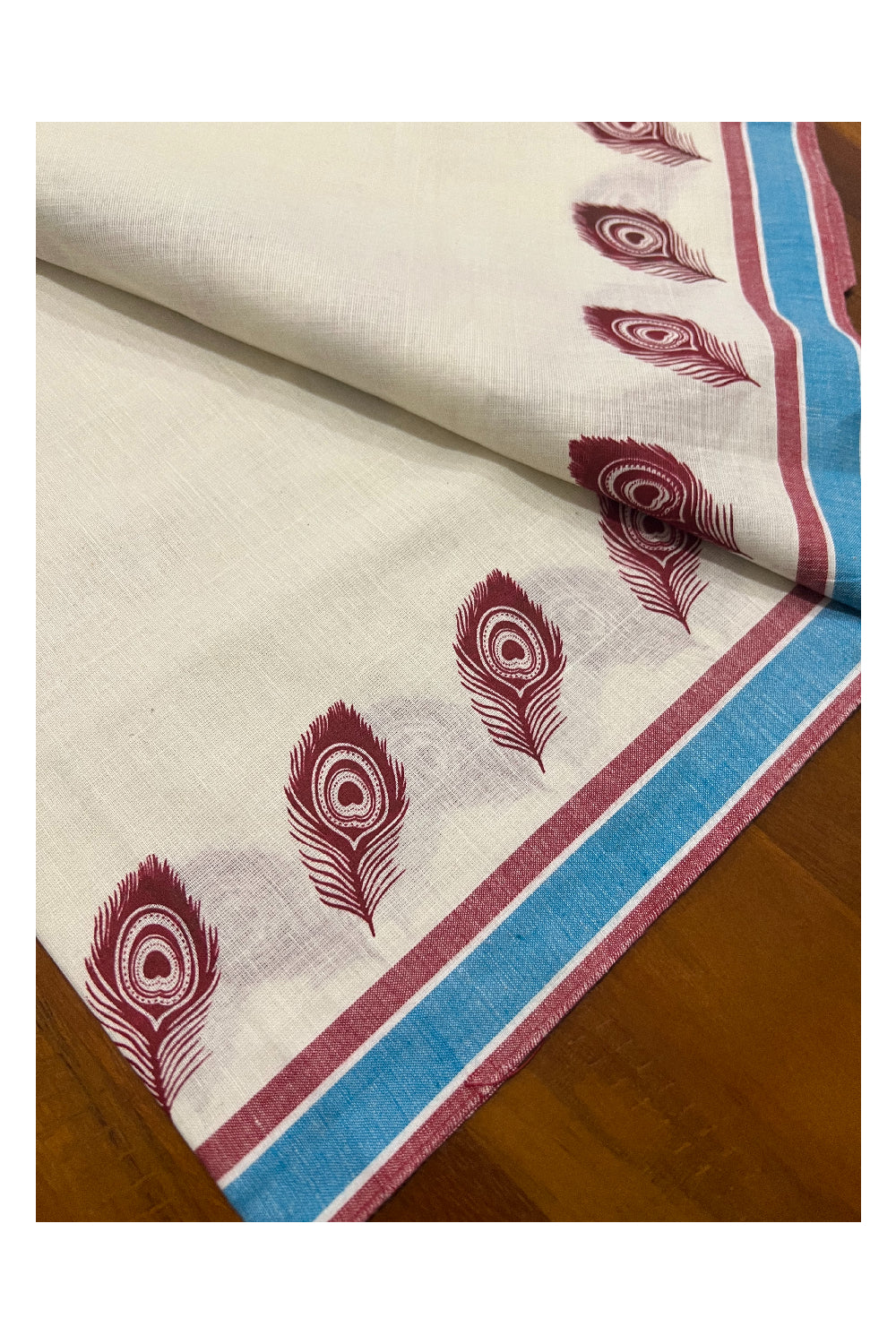 Pure Cotton Set Mundu (Mundum Neriyathum) with Brick Red Feather Block Prints on Blue and Red Border