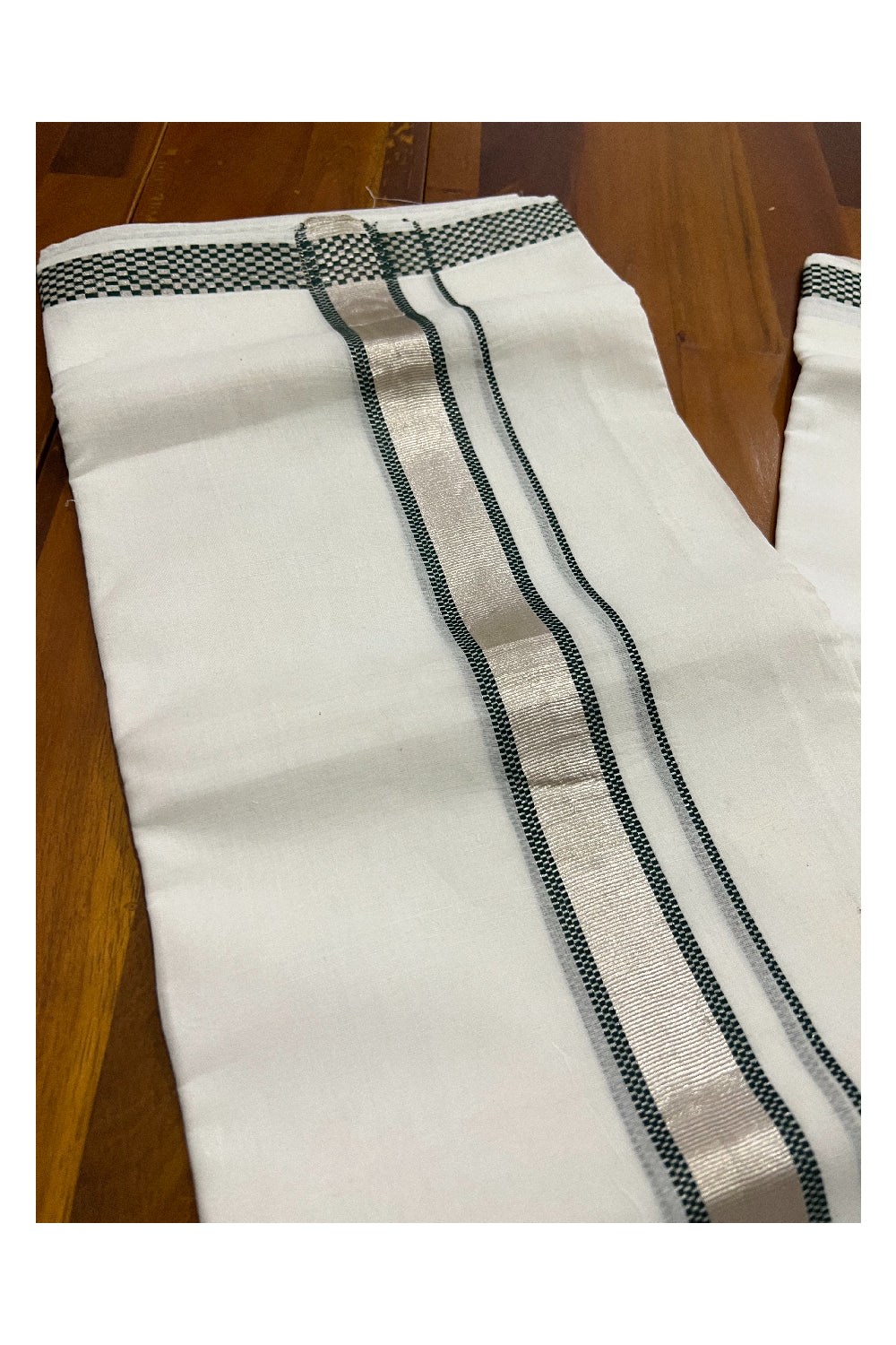 Southloom Balaramapuram Handloom Pure White Cotton Mundu with Silver Kasavu and Dark Green Woven Kara (South Indian Dhoti)