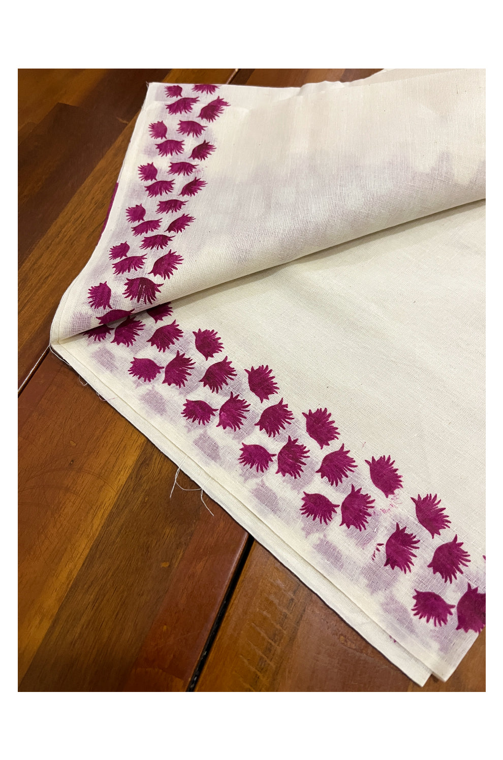 Kerala Cotton Single Set Mundu (Mundum Neriyathum) with Maroon Block Prints on Border