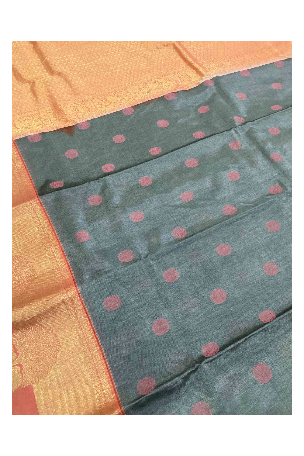 Southloom Handloom Pure Silk Kanchipuram Saree in Grey Polka Motifs