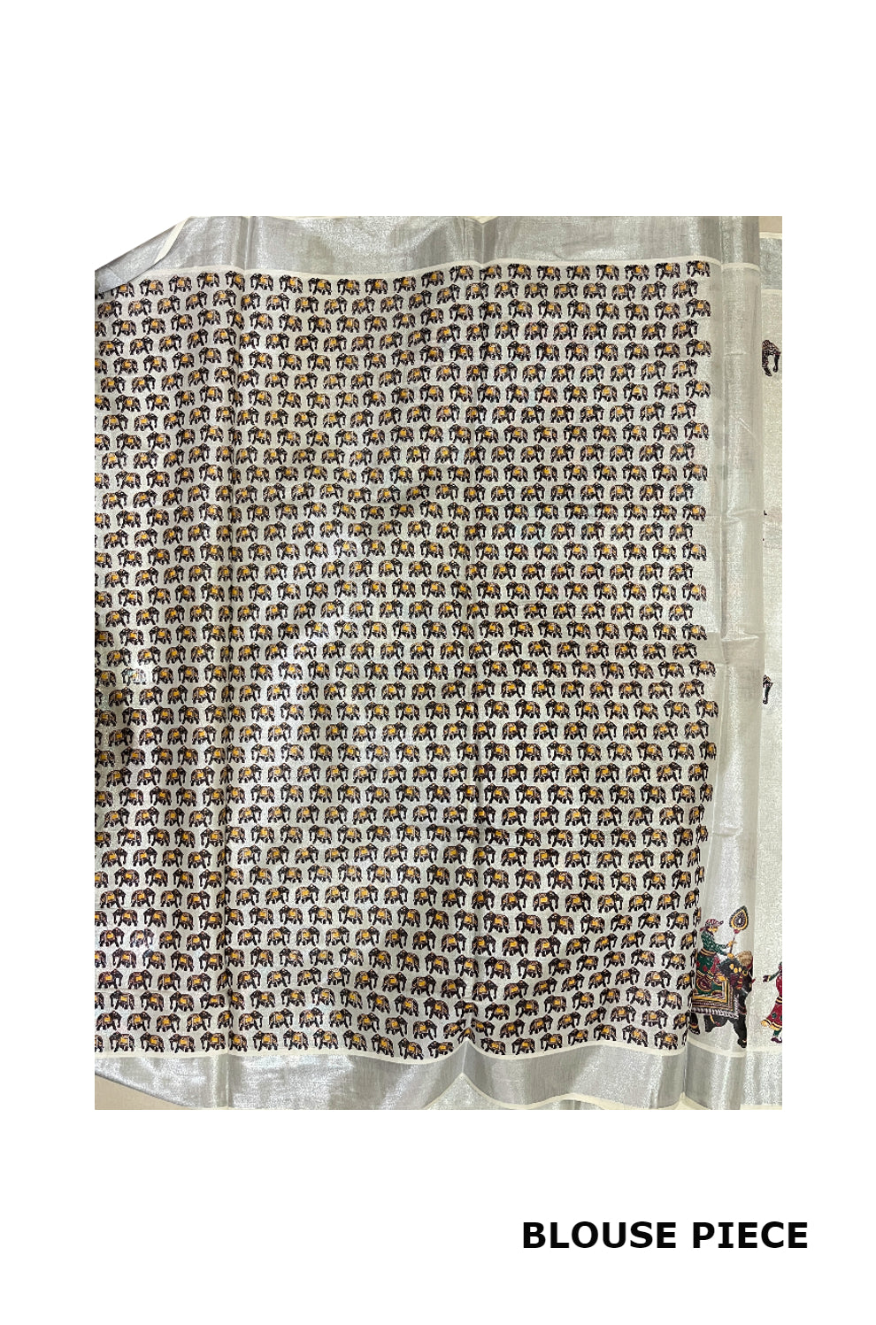 Kerala Silver Tissue Kasavu Saree With Mural Festival Parasol and Elephant Design (include Printed Running Blouse)
