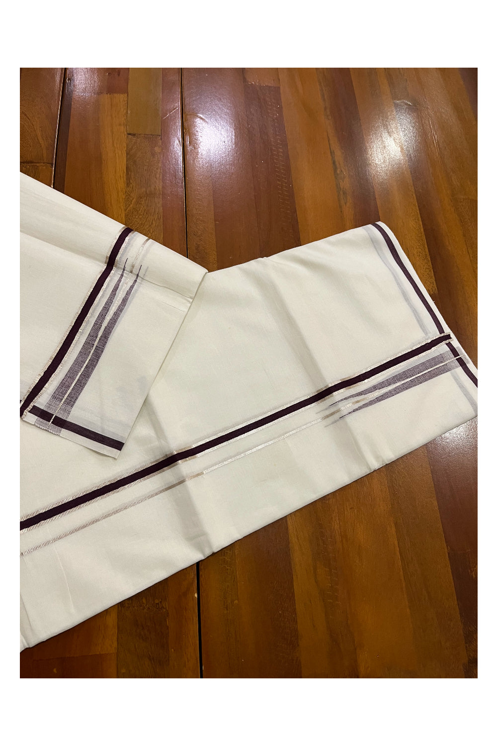 Pure White Cotton Double Mundu with Silver Kasavu and Dark Brown Chutti Border (South Indian Dhoti)