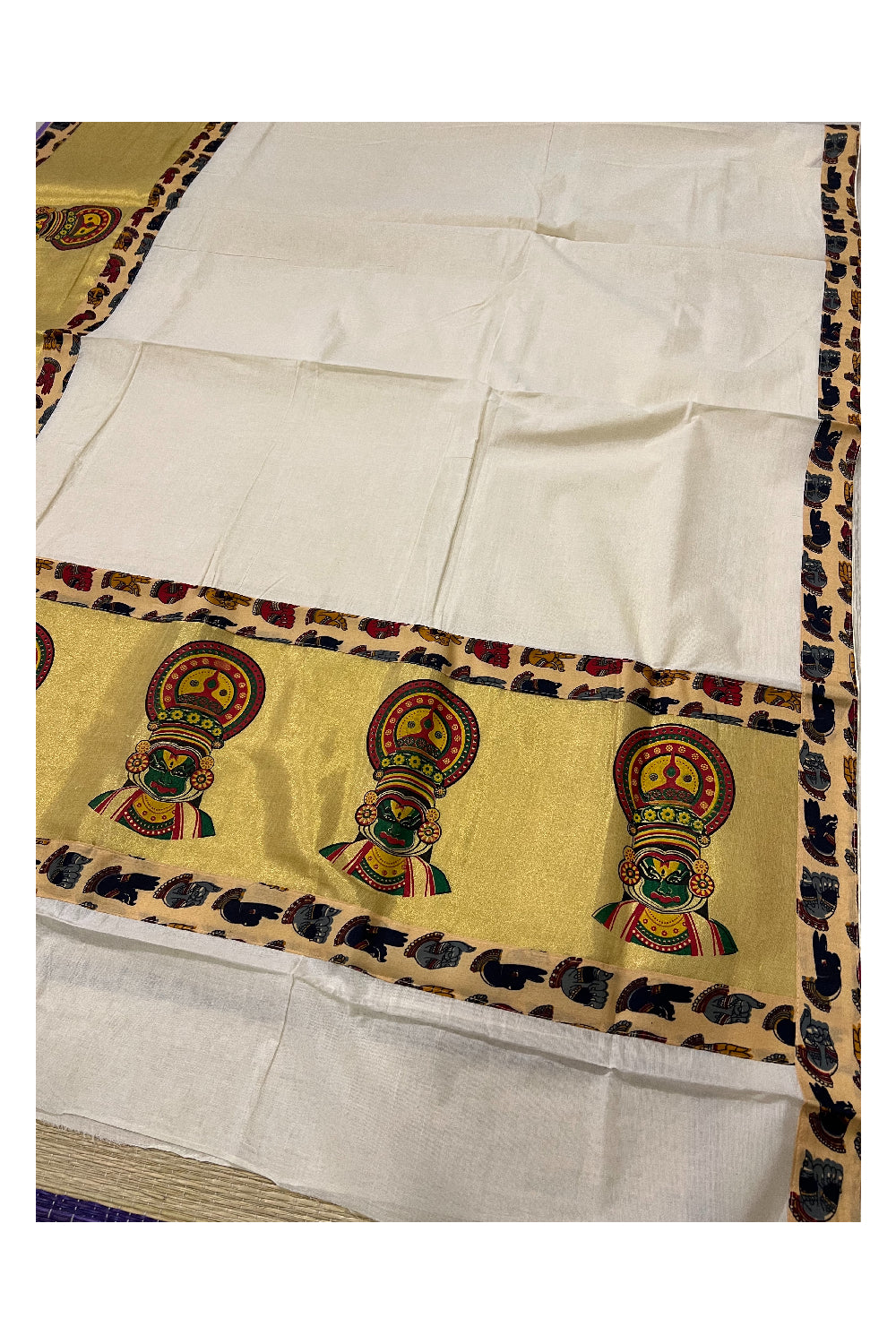 Kerala Pure Cotton Fusion Art Kathakali Printed Kasavu Saree with Printed Blouse Piece