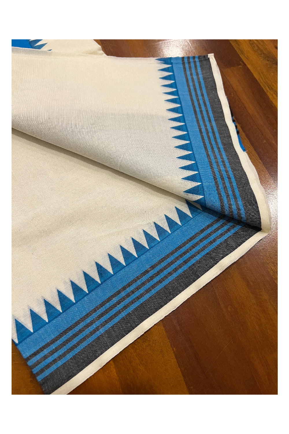 Pure Cotton Set Mundu (Mundum Neriyathum) with Blue and Black Temple Block Prints on Border