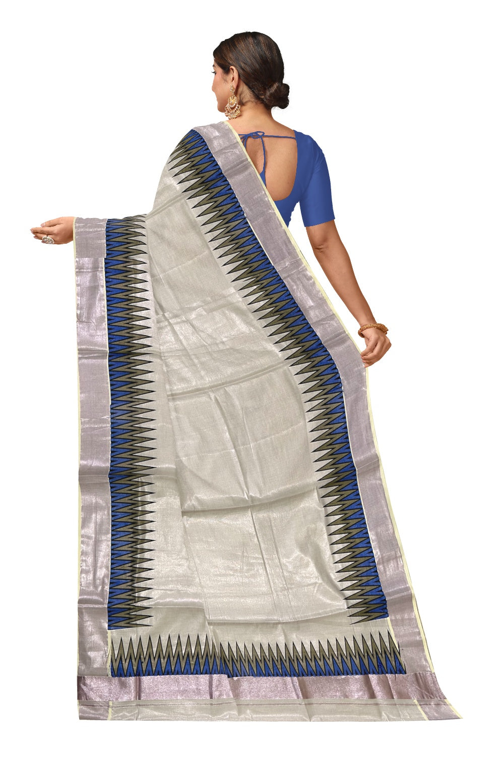 Kerala Rose Copper Tissue Kasavu Saree with Blue Brown Temple Prints across the border