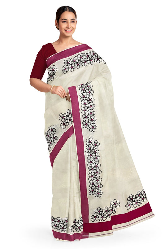 Pure Cotton Kerala Saree with Black Floral Block Prints and Magenta Border
