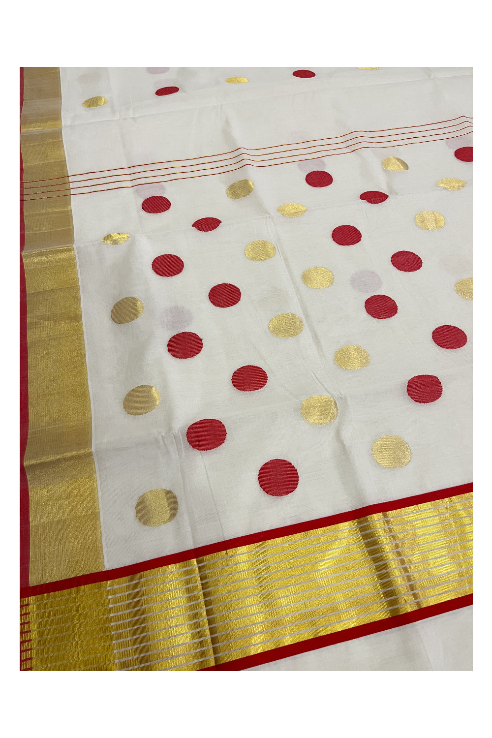 Southloom™ Premium Handloom Cotton Kerala Saree with Golden and Red Polka works on Body