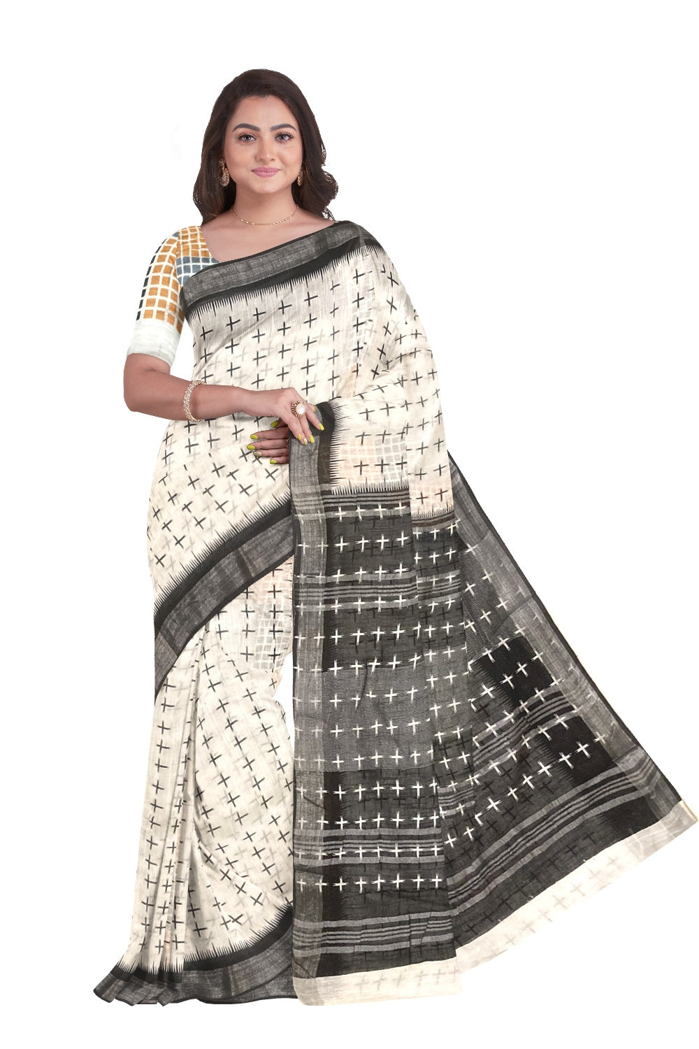Southloom Linen White Saree with Black Designer Prints and Tassels works on Pallu