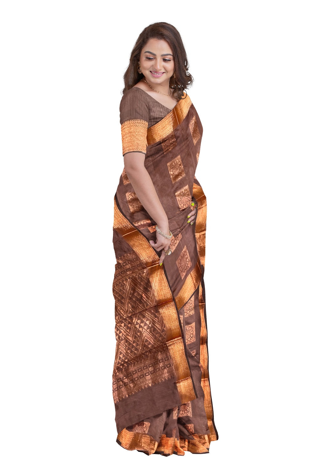 Southloom Cotton Silk Brown Designer Saree with Copper Zari Motifs
