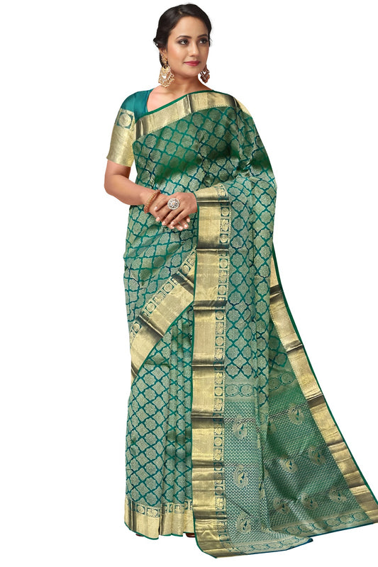 Southloom Double Warp Handloom Pure Silk Kanchipuram Green Manthrakodi Saree with Kasavu Woven Works
