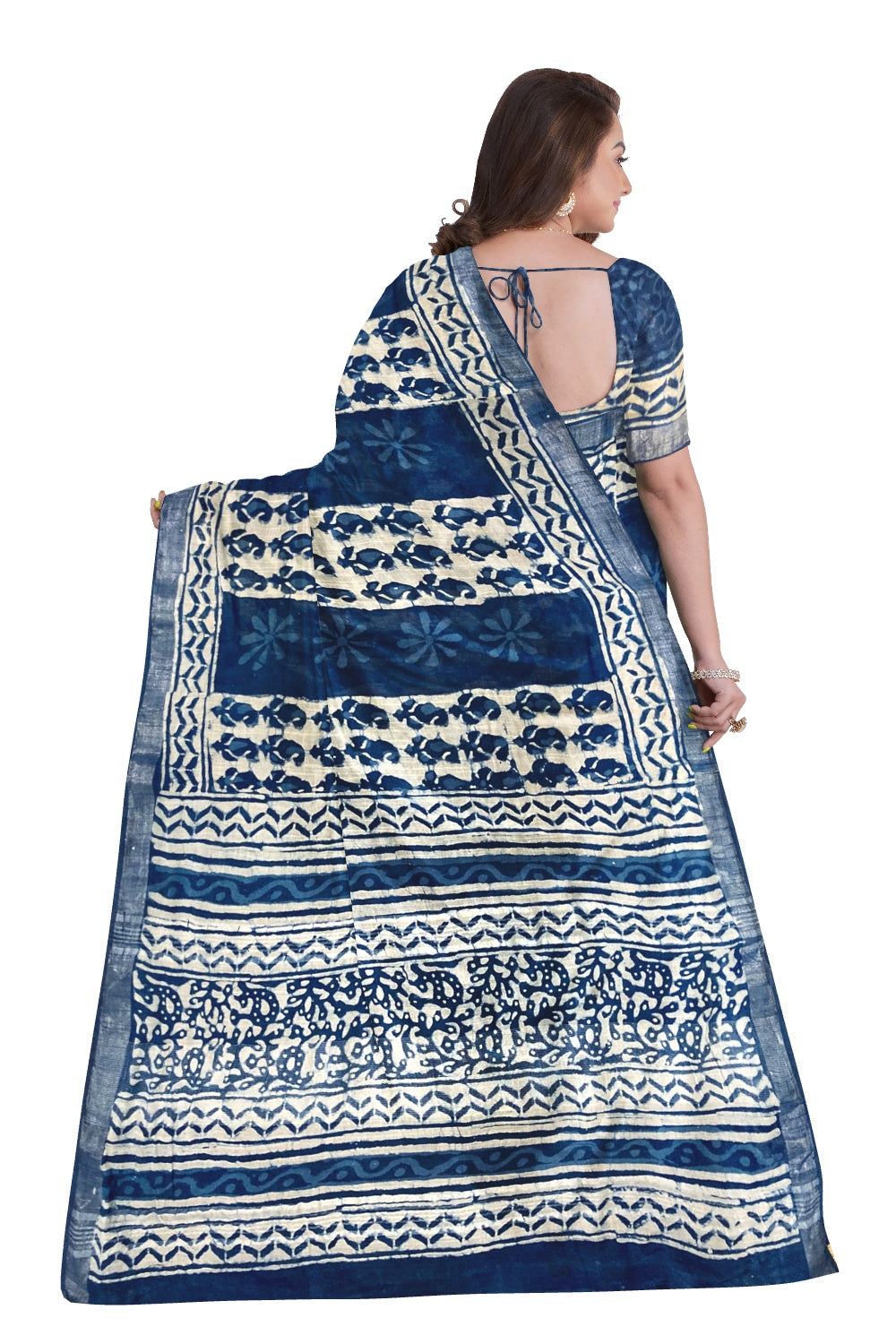 Southloom Linen Indigo Blue Saree with White Designer Prints and Tassels on Pallu