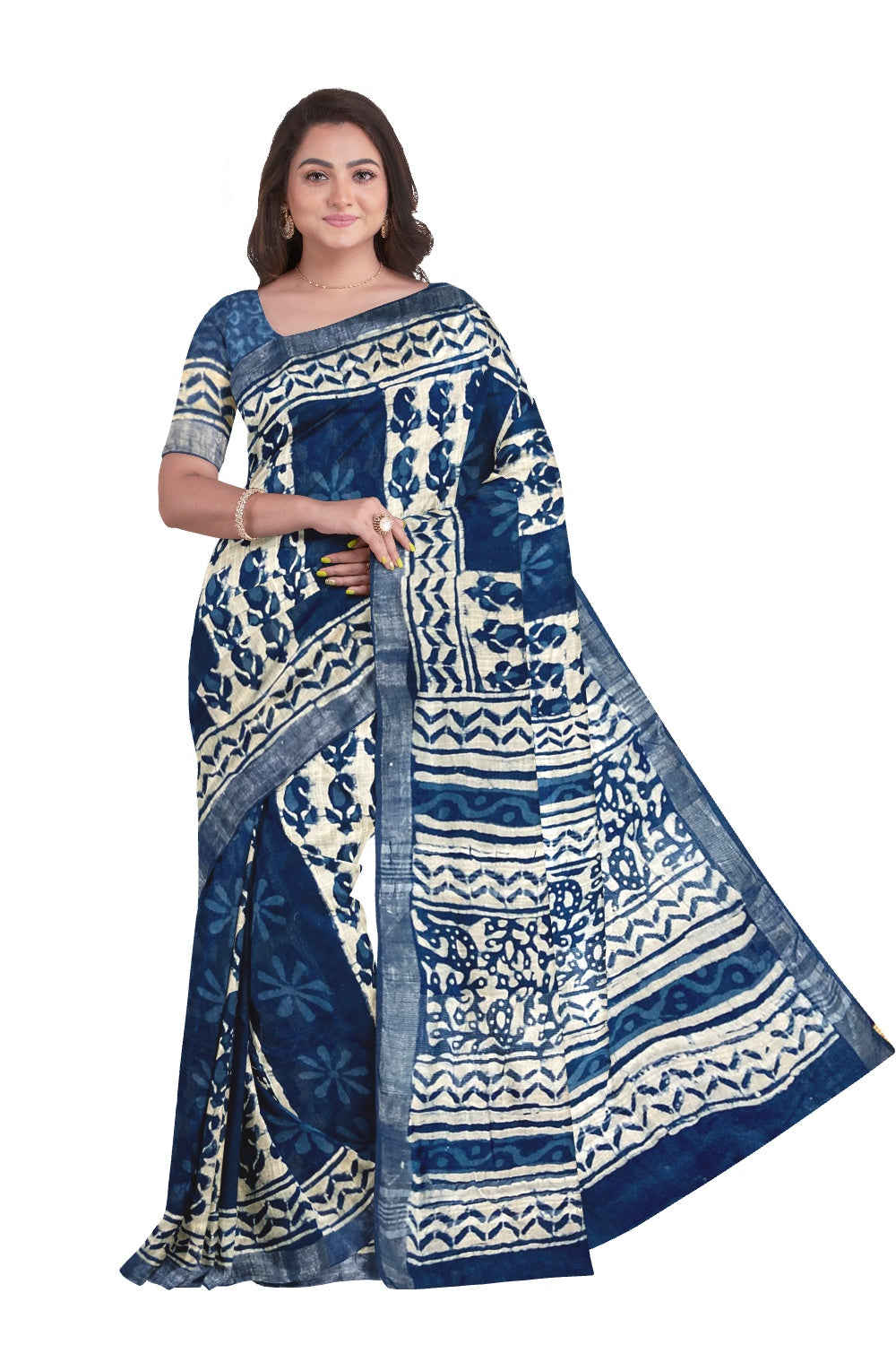 Southloom Linen Indigo Blue Saree with White Designer Prints and Tassels on Pallu