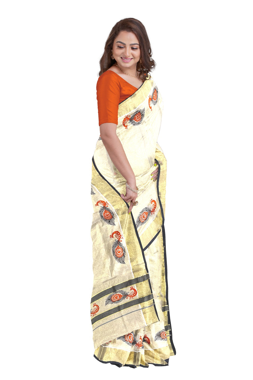 Kerala Tissue Kasavu Saree with Black and Orange Peacock Block Printed Design